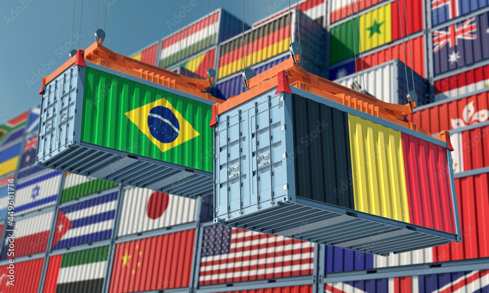 Freight containers with Brazil and Belgium flag. 3D Rendering 