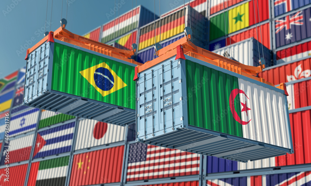Freight containers with Brazil and Algeria flag. 3D Rendering 
