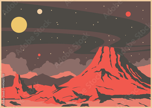 Unknown Planet Landscape, Volcano, Mountains, Planets and Starry Sky Retro Future Sci Fi Space Illustrations Stylization  photo