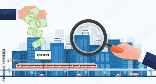 flat business real estate investment asset research concept with hand hold magnifying glass for research property location 