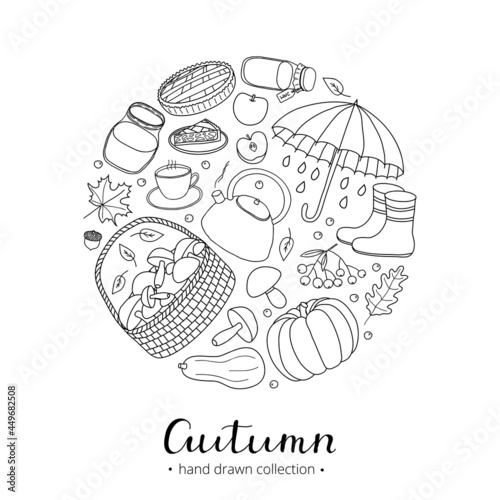 Hand drawn autumn items in circle.