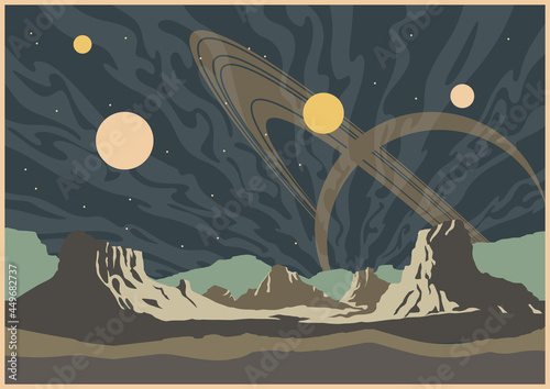 Unknown Planet Landscape, Saturn and Mountains, Retro Future Sci Fi Space Illustrations stylization 