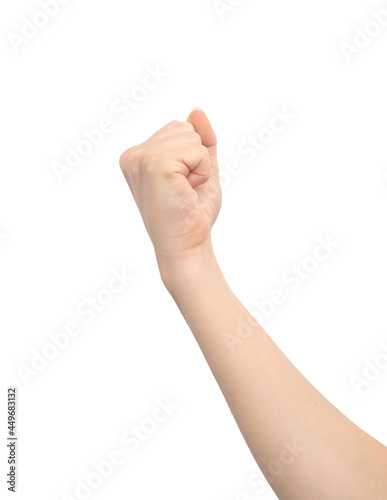 Hand gesture clenched fist, isolated on a white background, young female hand close-up