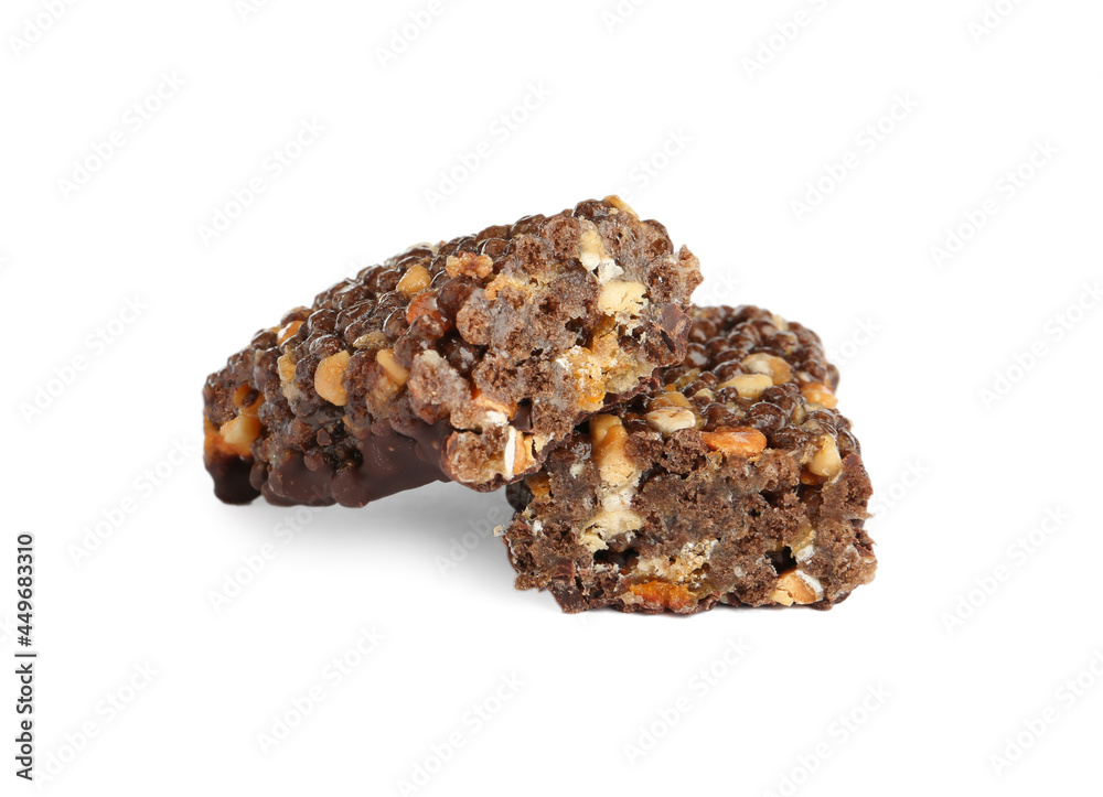 Halves of tasty protein bar on white background Halves of tasty protein bar on white background