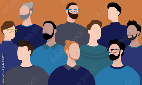 Male diverse faces of different ethnicity. Men empowerment movement pattern. Fathers day graphic in vector. Day against homophobia poster. Pride month parade. lgbt concept. Hand drawn vector