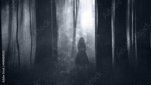 Fototapeta Naklejka Na Ścianę i Meble -  A woman in a dress standing in a magical forest out of focus.  With a grunge, blurred textured edit.