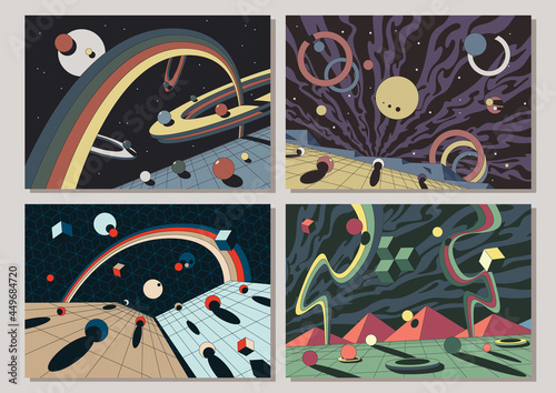 Abstract Illustrations, Psychedelic Space Posters Set, Geometric Shapes, Perspective Grid, Vintage Colors