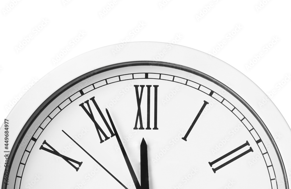 Clock showing five minutes until midnight on white background, closeup. New Year countdown Clock showing five minutes until midnight on white background, closeup. New Year countdown