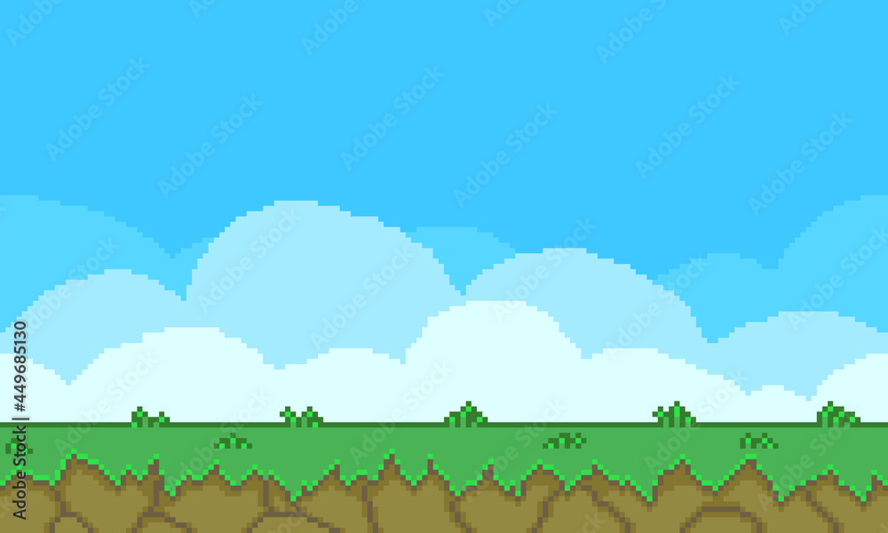 Colorful simple flat pixel art illustration of cartoon outdoor landscape background. Pixel arcade screen for game design. Game design concept in retro style. Stock Vector | Adobe Stock Colorful simple flat pixel art illustration of cartoon outdoor landscape background. Pixel arcade screen for game design. Game design concept in retro style. Stock Vector | Adobe Stock