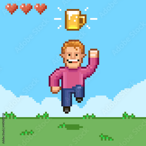 colorful simple flat pixel art illustration of cartoon smiling male retro video game character bouncing under a mug of beer © George_Chairborn