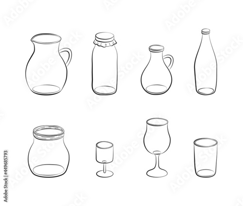 Hand drawn outline glass items set.
