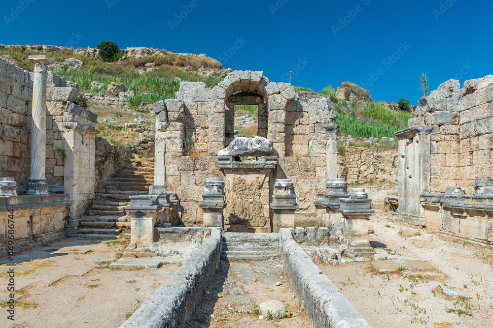 The ruins of the ancient city of Perge. Perge is an ancient Greek city on the southern Mediterranean coast of Turkey. The ruins of the ancient city of Perge. Perge is an ancient Greek city on the southern Mediterranean coast of Turkey.