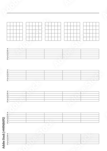 Guitar Tab and Chord Sheet. Vector illustration for guitar lessons and guitar music . Set of vector Guitar Chords. Chord diagram. Tab. Tabulation. Tablature. Finger Chart. Basic Guitar Chords. 