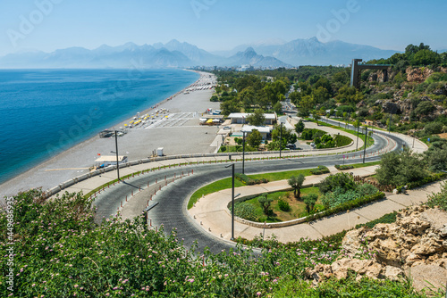 Turkey, Antalya Konyaalti beach at Mediterranean sea with beautiful mountains at background. Top view