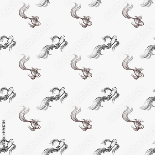 seamless pattern with beautiful fish swimming in the water, goldfish drawn with pencils, textures, hand-drawn, drawing technique, background, fabric, scrapbooking paper