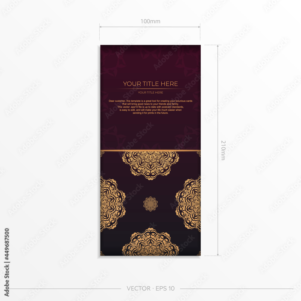 Luxurious burgundy postcard with vintage ornament. Vector design of invitation card with mandala patterns.