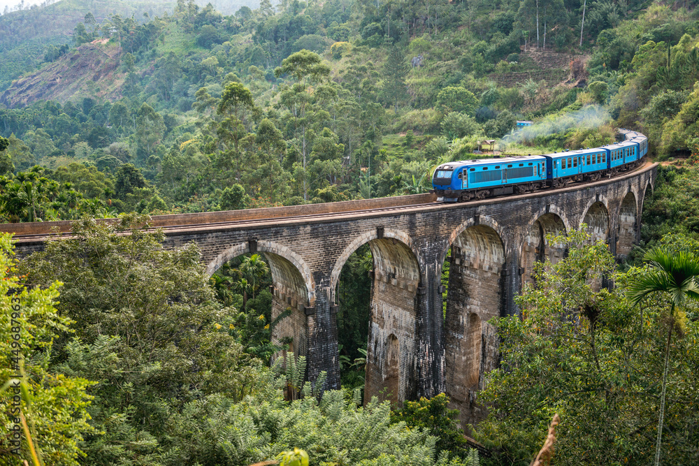 Train on the Nine Arch Bridge. Ella, Sri Lanka. - obrazy, fototapety, plakaty 
