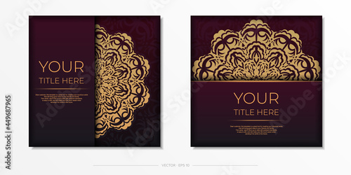 This is a burgundy postcard preparation with vintage ornament. Template for design printable invitation card with mandala patterns.