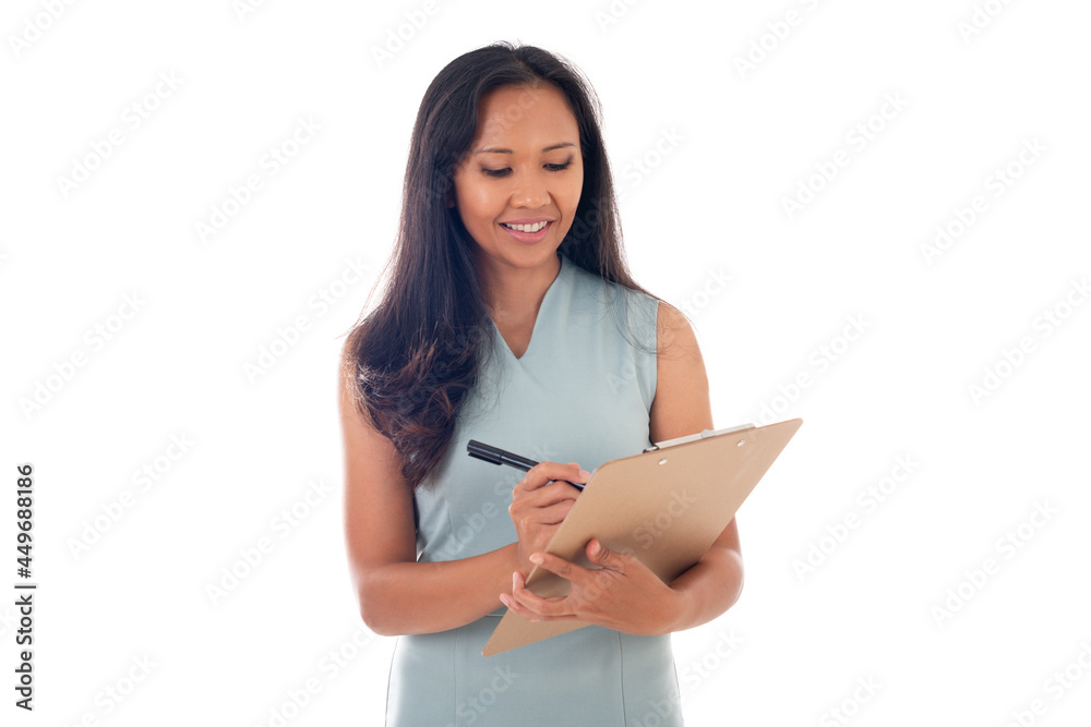 pretty mixed race asian/caucasian woman posing with clipboard isolated over white background pretty mixed race asian/caucasian woman posing with clipboard isolated over white background