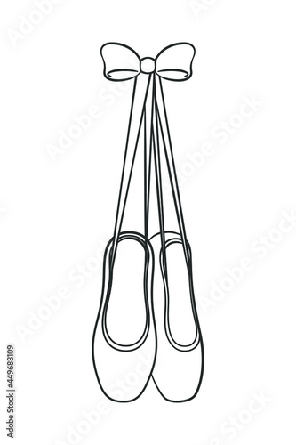 Hanging Pointe shoes clipart, ballet shoes tied up with a bow outline simple flat vector illustration. Ballerina, ballet dancer footwear equipment symbol. Easy coloring book page activity for kids.