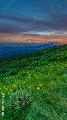 Fototapeta Naklejka Na Ścianę i Meble -  月山　登山口から見る夜明けの空と鳥海山　縦