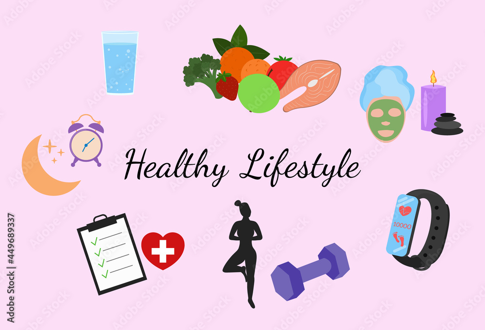 Healthy lifestyle set. Fitness, healthy food and active style of life. Flat design vector illustration