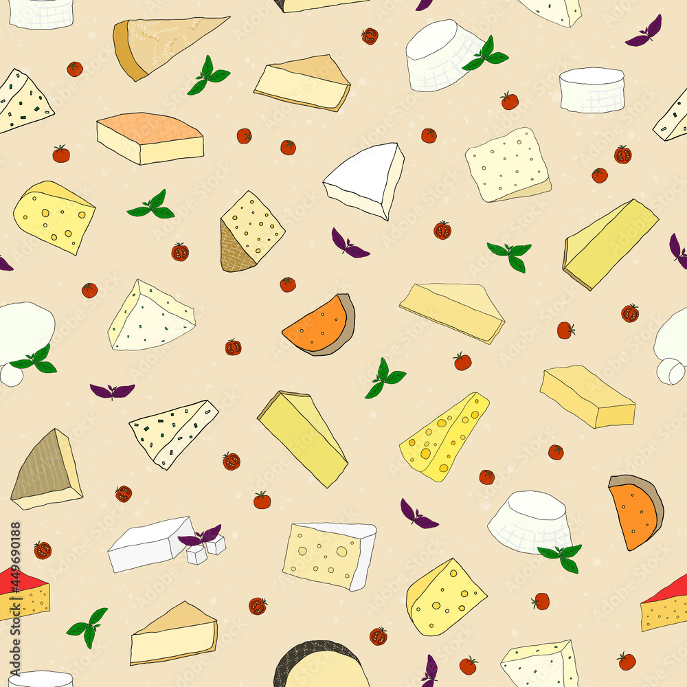 Seamless pattern with hand drawn cheese, basil and cherry tomatoes. Seamless pattern with hand drawn cheese, basil and cherry tomatoes.