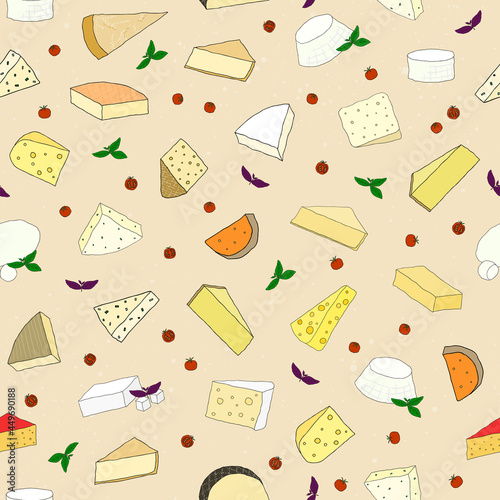 Seamless pattern with hand drawn cheese  basil and cherry tomatoes.