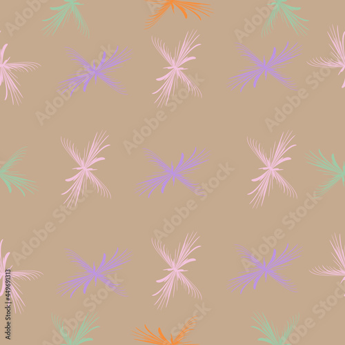 Abstract images of colorful birds on a beige background. For fabric, wallpaper and background.