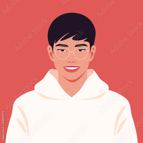 An Asian guy’s face. An avatar of a young businessman. A happy student. Vector flat illustration