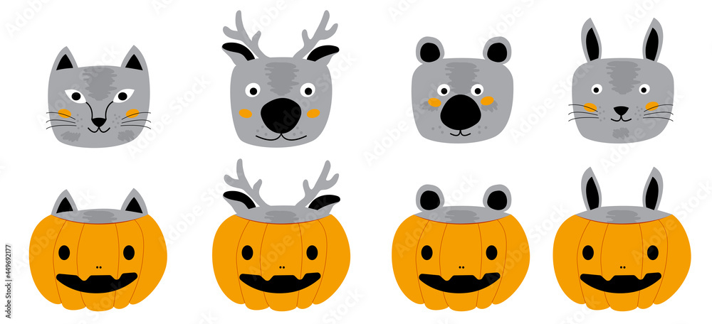 Set of funny animals in orange pumpkin costume for halloween holiday. Illustration in a flat style on a white background. Animals hid in pumpkins, guess where which animal is