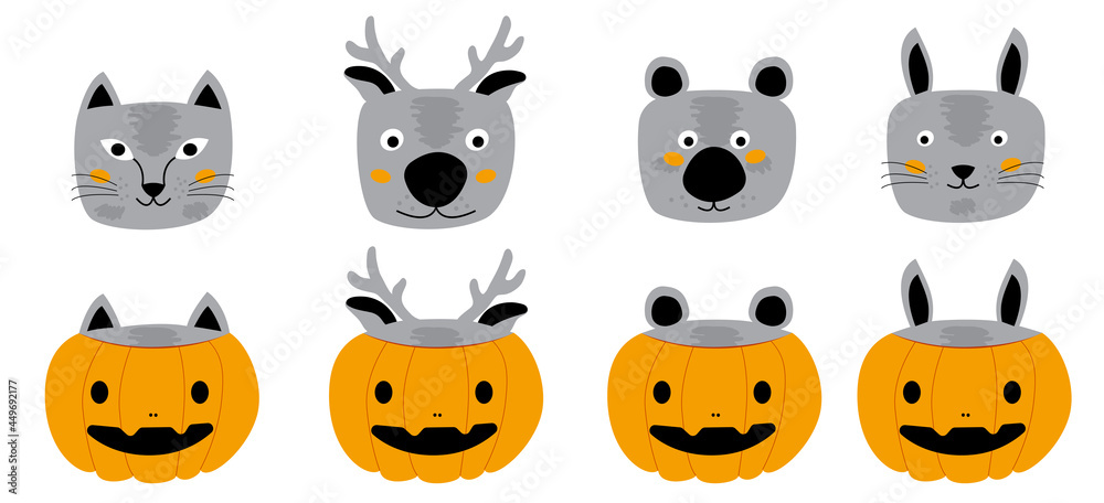 Fototapeta premium Set of funny animals in orange pumpkin costume for halloween holiday. Illustration in a flat style on a white background. Animals hid in pumpkins, guess where which animal is