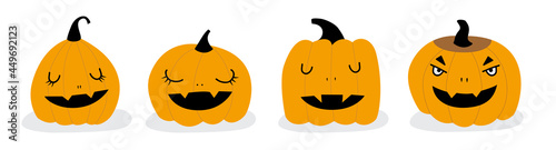 Set of orange pumpkins for halloween, funny, cute and childish, with closed eyes, smiling. Illustration in a flat style on a white background