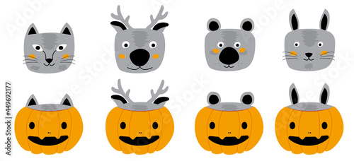 Set of funny animals in orange pumpkin costume for halloween holiday. Illustration in a flat style on a white background. Animals hid in pumpkins, guess where which animal is