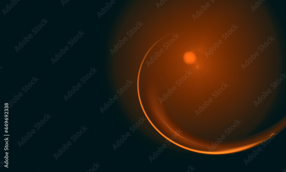 Fictional orange sun or imaginary hot solar orb shines in dark deep space. Glowing star with lens flare or glare, beam of light at night of the universe. Great as background or design element. 