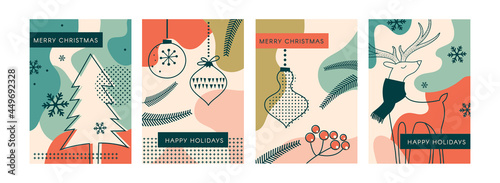 Winter landscapes, vertical banners and wallpaper for social media stories. Vector illustration in flat simple line art style - design templates with place for text. Merry Christmas greeting cards and
