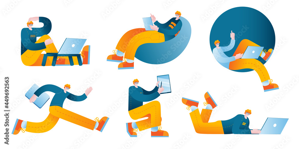 A character working on a computer or tablet in various poses. A set of vector illustrations on the topic of working at a computer at home and in the office. A character working on a computer or tablet in various poses. A set of vector illustrations on the topic of working at a computer at home and in the office.