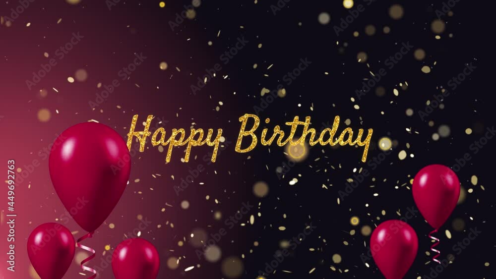 Happy birthday celebration greeting text with particles and sparks isolated on black background. Greeting Card. Wishes, Events, Message, holiday, festival. balloon, confetti and gift box.