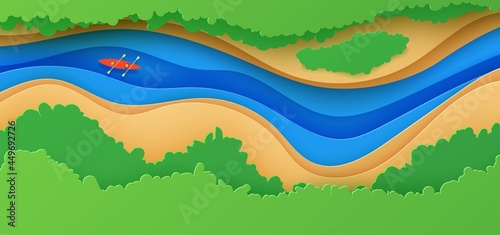 Top view landscape in paper cut style. Eco tourism 3d background with aerial view river green trees and kayak boat. Vector card illustration of extreme rafting sport vacation adventure papercut art.