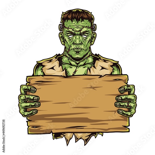 Creepy zombie holding blank wooden plank