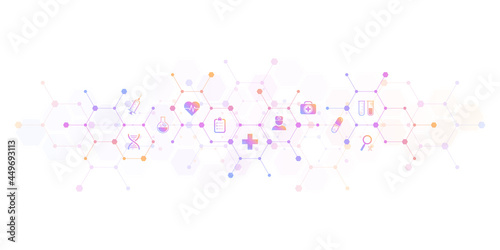 Illustration of medical background and healthcare technology with flat icons and symbols. Design template of concept and idea for health care business  innovation medicine  health safety  science