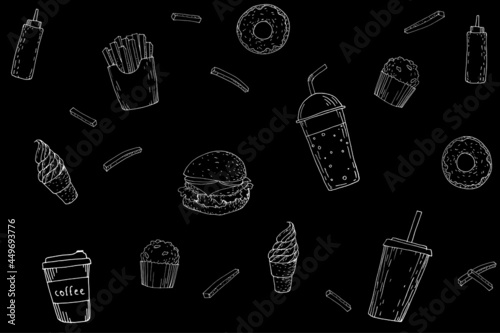 Junk food tasty doodle chalkboard pattern. Black white hamburger soda ice cream fat and sweet isolated graphic. Hot coffee to go unhealthy snacks disease risk vector