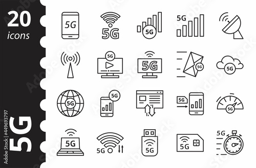 5G technology simple line icon set. New mobile network, high speed connection. Minimalist vector infographic.