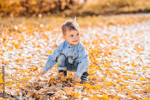 Happy boy playing with autumn yellow leaves outdoors in the Park