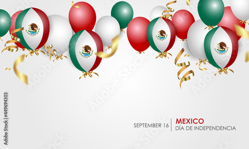 Caption: Mexican Independence Day, September 16. Vector illustration, fireworks balloons and ribbons with mexico flag. Realistic vector. photo