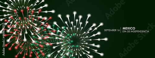 Caption: Mexican Independence Day, September 16. Vector illustration, fireworks balloons and ribbons with mexico flag. Realistic vector.