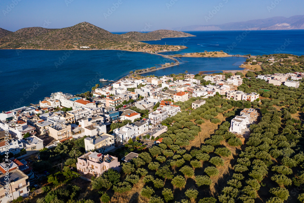 Aerial view of the town of Elounda and causeway on the Greek island of Crete