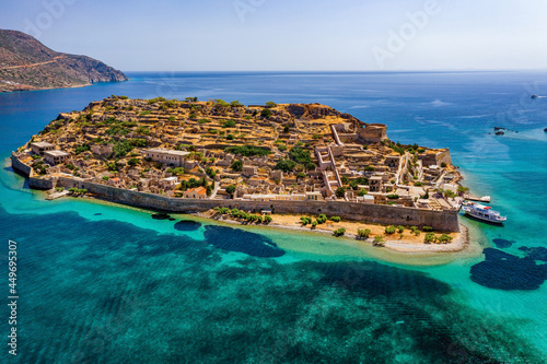 Aerial view of the ancient Venetian fortress and former leper colony of Spinalonga, Crete