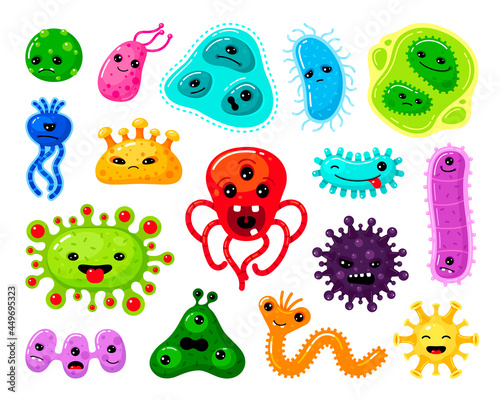 Set of childish cartoon germs and bacteria vector flat illustration cute funny viruses characters