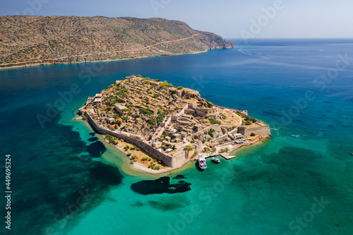 Aerial view of the ancient Venetian fortress and former leper colony of Spinalonga, Crete